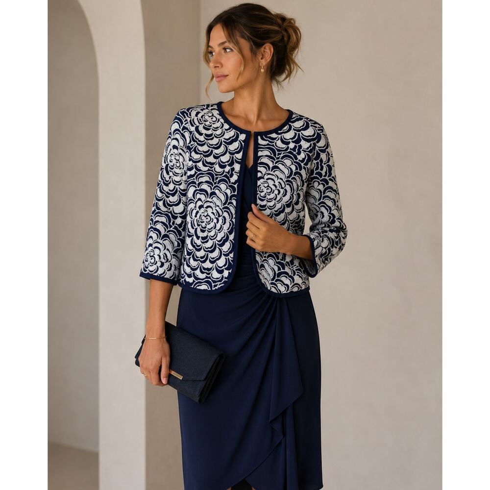 Bob Mackie Wearable Art Blue White Sequined Mini Jacket Shrug Womens M Formal